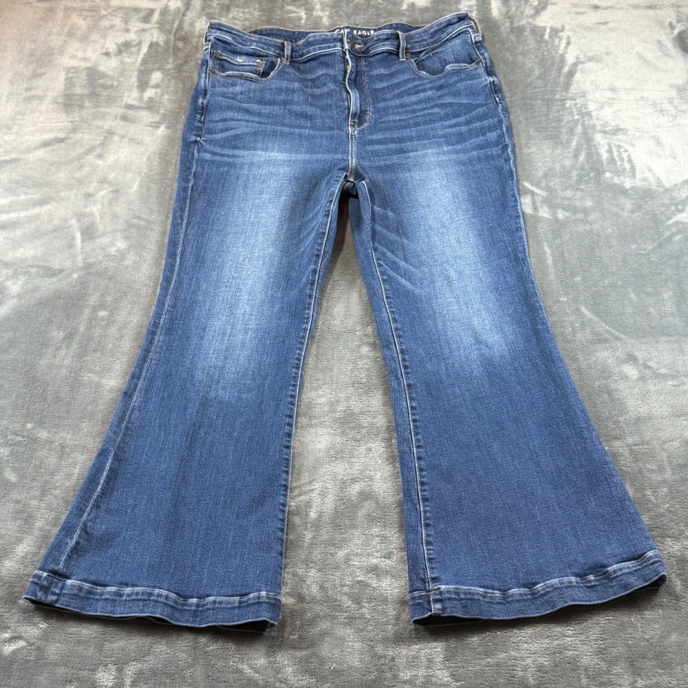 American Eagle Super Hi-Rise Flare Jeans Blue Stretch Denim Size 18 Regular